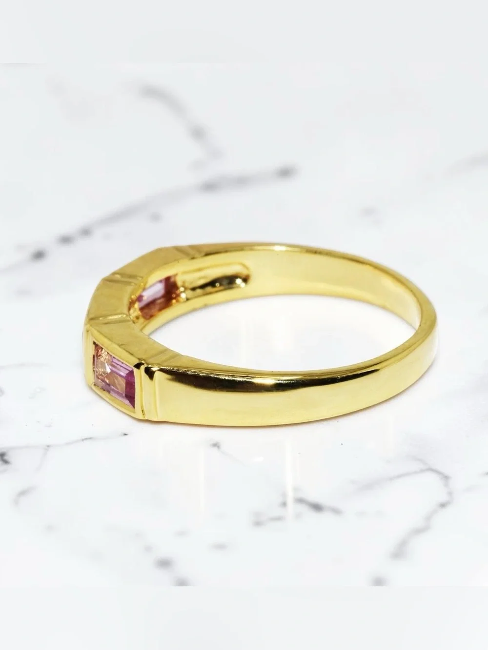 Pink Sapphire 3 Stone Band Gold Over Sterling Silver Lab Created Emerald Cut